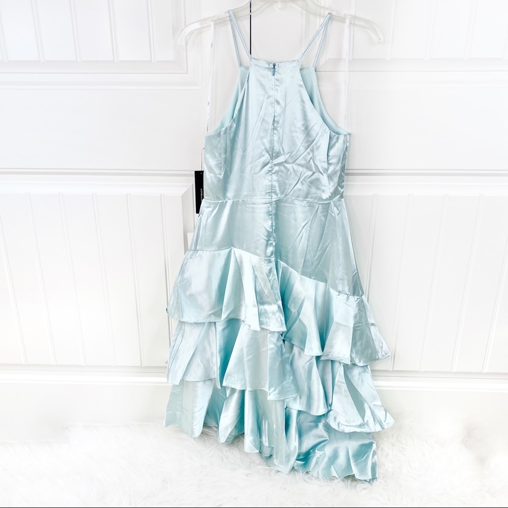 Lulu's Mint Satin Tiered Asymmetrical Midi Dress M - Picture 4 of 5